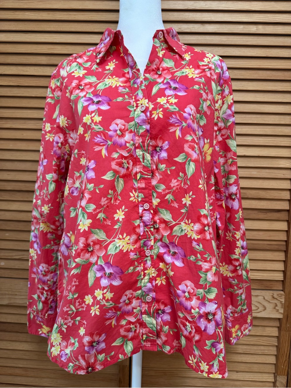 Jones New York Signature Red Floral Watercolor Blouse Size Large Cottagecore
